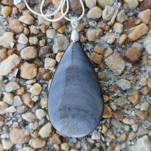 Large Black Obsidion Gemstone Pendant (2.5") -  w/ 925 Silver Overlay Chain